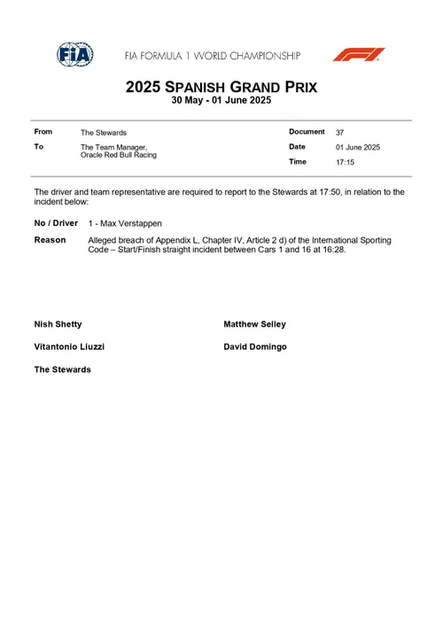 doc 37 2025 spanish grand prix summons car 1 allegedly caused a collision with car 16 page 0001