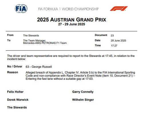 russell summoned to the stewards