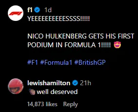 hamilton congratulates hulkenberg for 1st ever podium on f1s social media