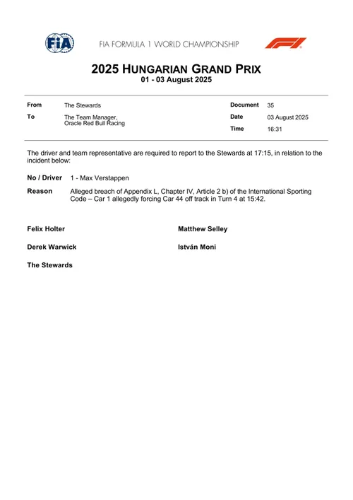 Max Verstappen moet zich melden bij de stewards voor het incident met Lewis Hamilton.