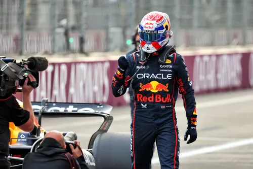 Max Verstappen celebrates Baku pole. Photo: RacePictures.