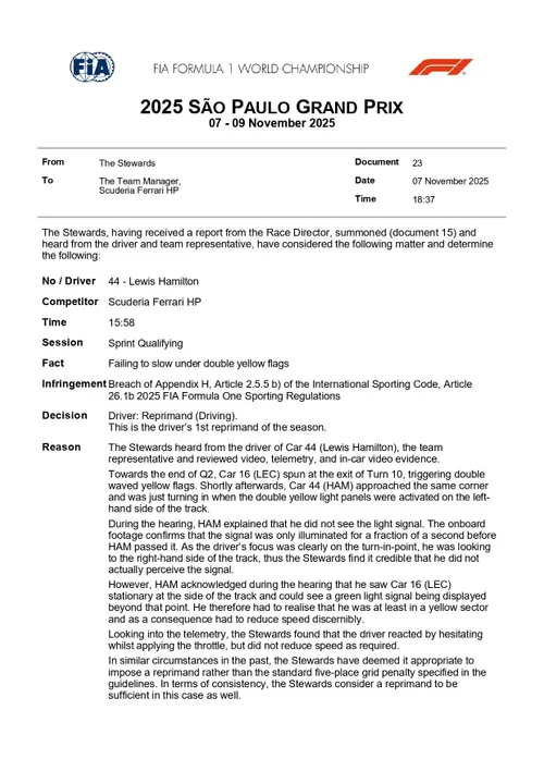 2025 São Paulo Grand Prix - Infringement - Car 44 - Failing to slow for double yellow flags (1)_page-0001