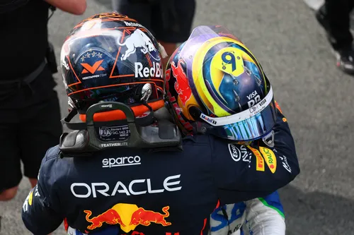 Isack Hadjar and Max Verstappen hugging after the 2025 Dutch Grand Prix