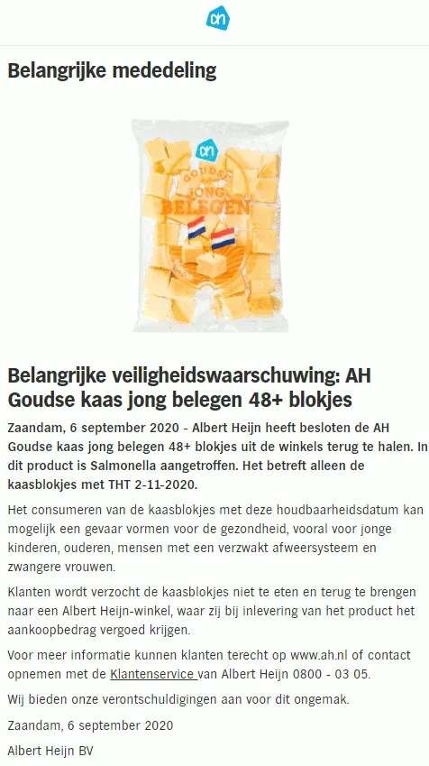 recall ah goudse jong belegen kaas blokjes productwaarschuwing