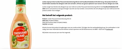 De waarschuwing zoals gepubliceerd op de site van Jumbo