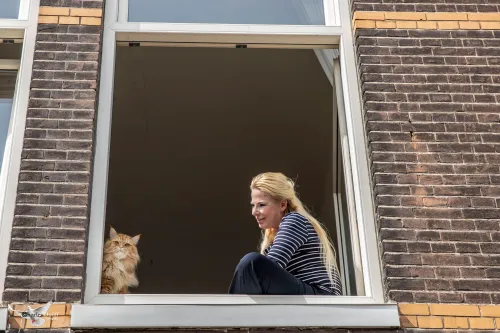 dame en kat in venster