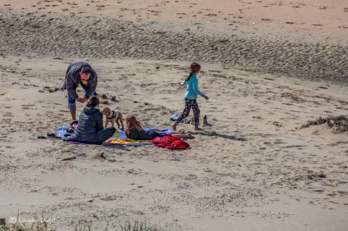 gezin mondkapjes strand