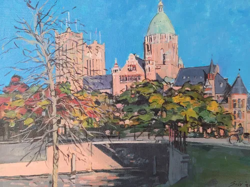 sander van walsum schilderij 40 x 50 cm zicht op de nieuwe bavo haarlem