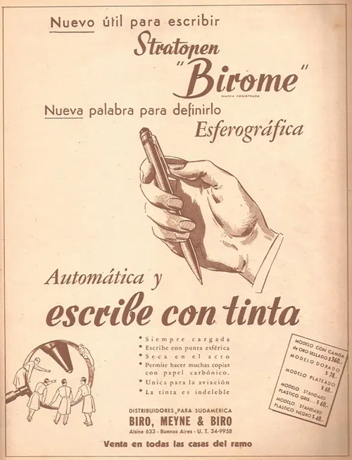 Advertentie voor de eerste balpen in Argentinië, de Birome (foto: Wikipedia)