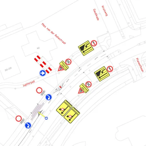 technische tekening van de tijdelijke afsluiting. Bekijk de hele tekening met uitleg via Overheid.nl.