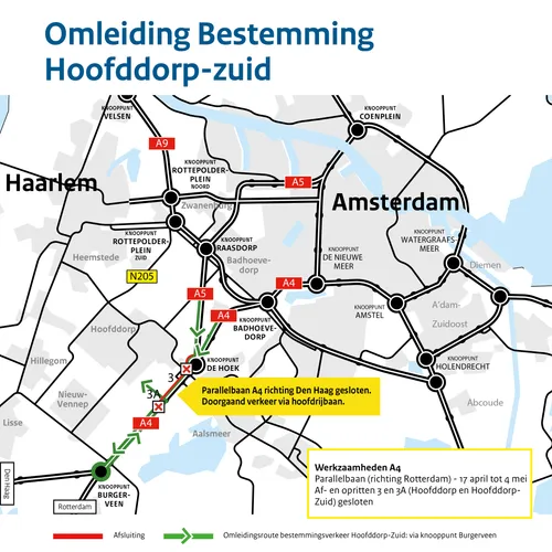 GVO A4 de Hoek omleiding bestemming Hoofddorp-zuid