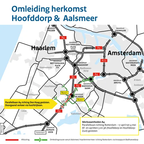 GVO A4 de Hoek omleiding herkomst Hoofddorp en Aalsmeer