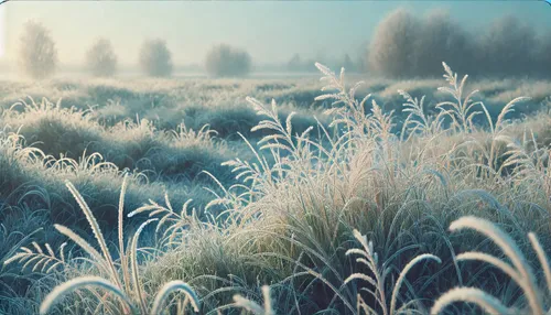 dalle 2025 02 03 121944 a realistic image of a grassy field in the morning with a frosty appearance the grass blades are covered with a thin layer of frost glistening in thjpg