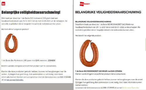 recall dekamarkt dirk bio rookworst