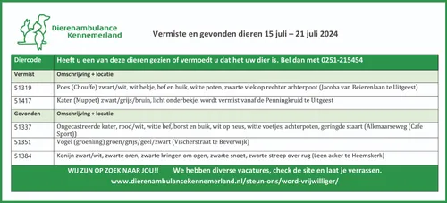 vermiste en gevonden dieren 15 juli 21 juli 2024