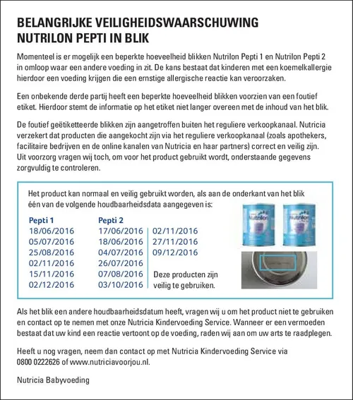 belangrijke veiligheidswaarschuwing nutrilon pepti