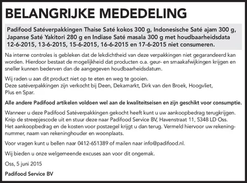 belanrijke veiligheidswaarschuwing padifood satesa