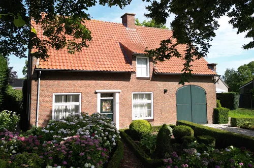 Vooraanzicht van de woning, gezien tussen de bomen. Droneopname Jan Quirijnen.