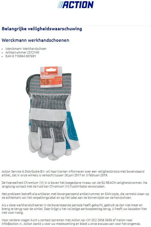 recall action werckmann handschoenen