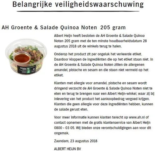recall ah groente salade quinoa noten