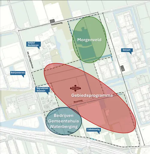 Kaartje vervolgstappen gebiedsontwikkeling Vlijmen-West