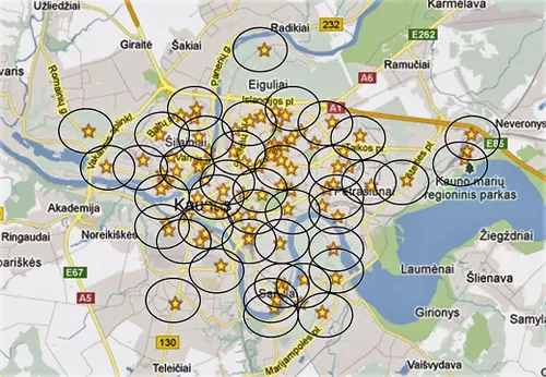 Kauno miesto gyventojų perspėjimo sirenomis garso zonų schema