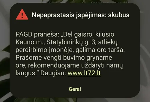 Pranešimas dėl gaisro 