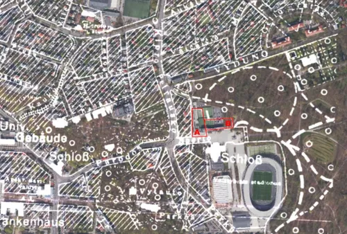 Istorinių teniso kortų vieta Sporto g. 3, vokiško žemėlapio 1941 metų ir 2024 metų  ortofoto sutapdinimas / Archyvo nuotr.