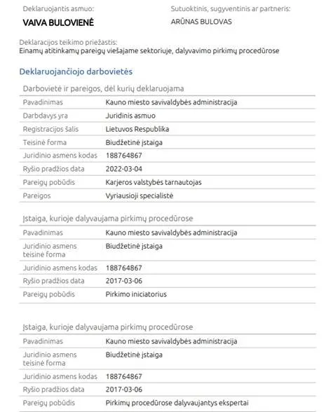 V. Bulovienės deklaruoti interesai / Ekrano nuotr.