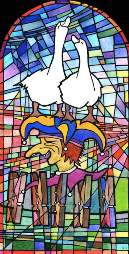 De Gentenaren.Carnavalsmis.Gendts Carnaval in Glas-in-lood. De Gentenar als spil in een kleurrijk schouwspel, gedragen door Waskniepers, en de Gentekwekers zingen het hoogste lied