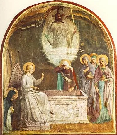 Pasen.Kerknet.Resurrection_of_Christ_and_Women_at_the_Tomb_by_Fra_Angelico_(San_Marco_cell_8)
