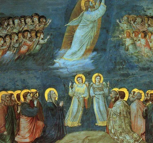 Hemelvaartsdag.Verbeelding van de hemelvaart door Giotto di Bondone.Wikipedia