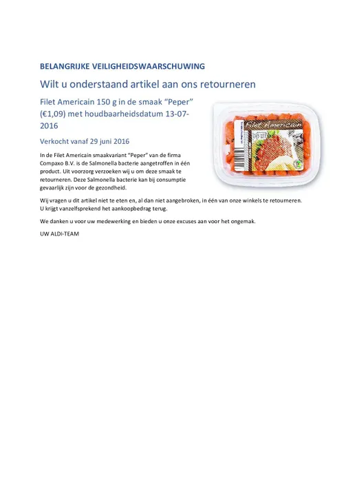 belangrijke veiligheidswaarschuwing aldi filet ame