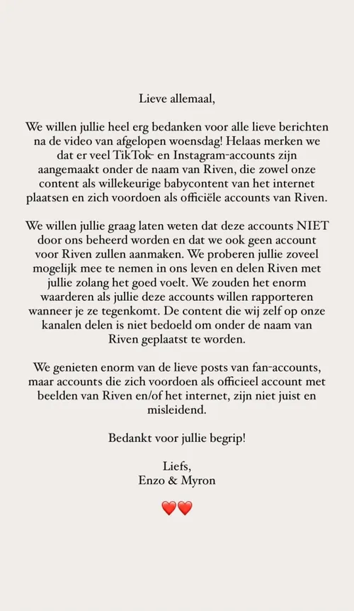 enzo knol en myron koops delen nieuws over baby riven