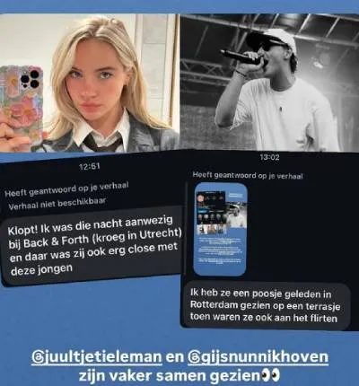 Berichten van spotters dat Juultje en Gijs samen zijn gezien bij een club en op het terras.