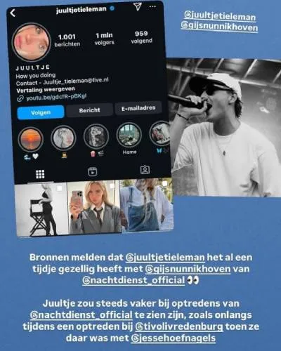 Bron meldt dat Juultje en Gijs vaker samen zijn bij optredens.