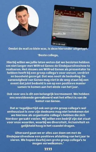 De mail over Wilfred Genee die niet welkom is op de eindejaarsliveshow.