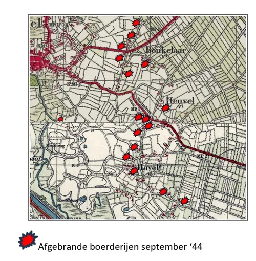 plattegrond met afgebrande boerderijen omg1944
