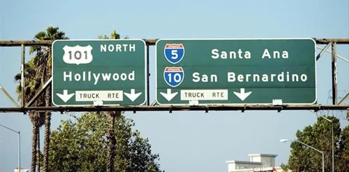 low angle view of highway signs to hollywood los angeles california usa gwj4957885