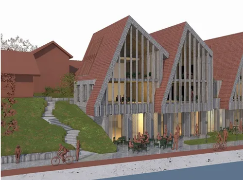 Pirmajame aukšte planuojama „menininkų veranda“, vizualizacija (projektuotojų nuotr.)