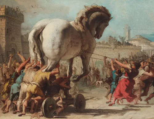 Processie binnenhalen Trojaans Paard in Troje (detail), geschilderd door Giovanni Domenico Tiepo (1773).