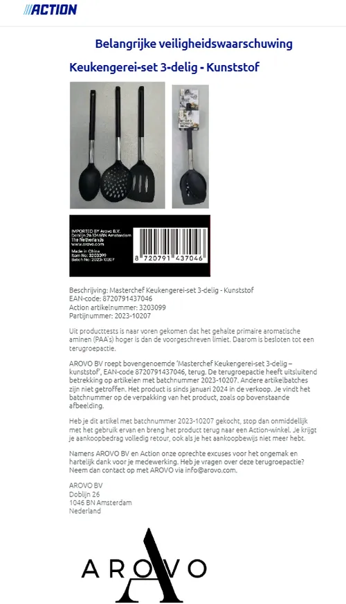 recall action arovo masterchef keukengerei set