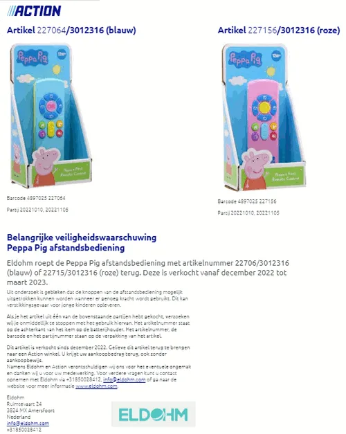 recall action peppa pig afstandsbediening