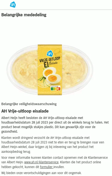 recall ah vrije uitloop eisalade