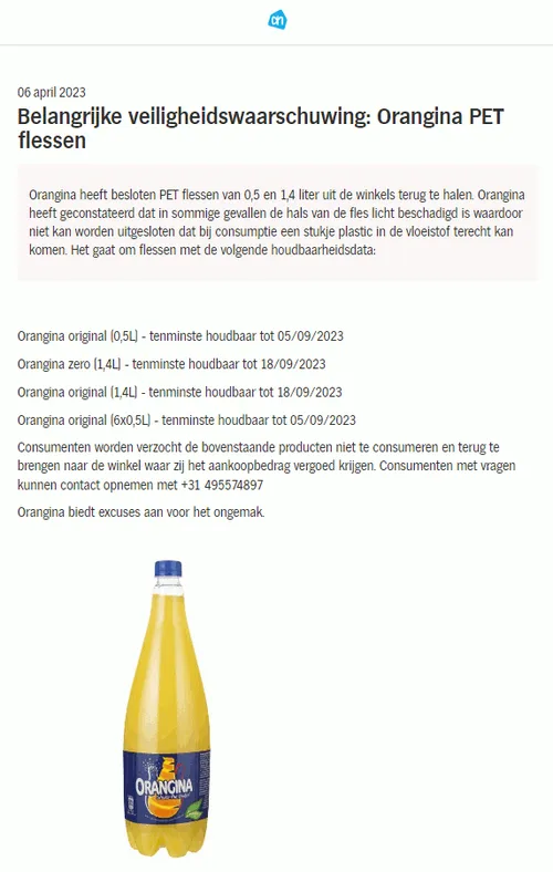 recall albert heijn orangina frisdrank