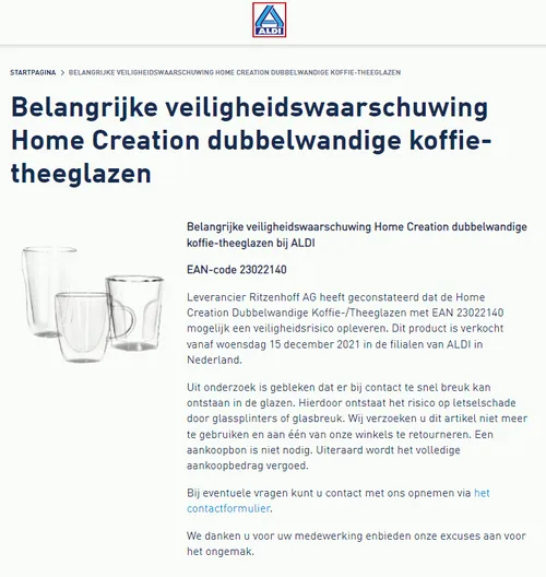 recall aldi home creations koffie theeglazen