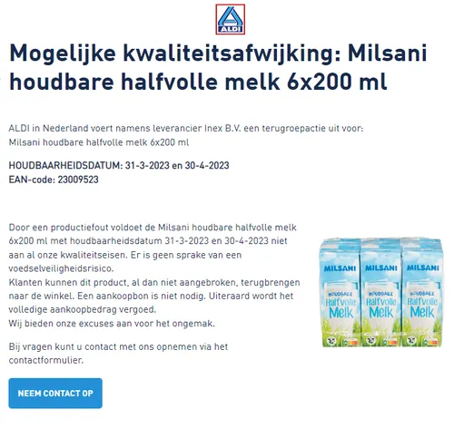 recall aldi inex milsani houdbare halfvolle melk