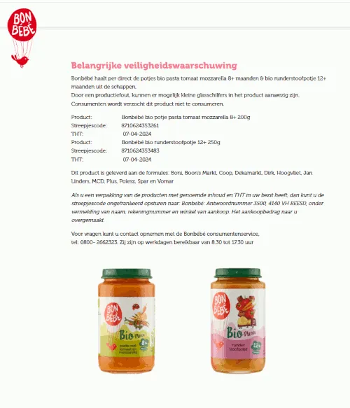 recall bonbebe maaltijdpotjes