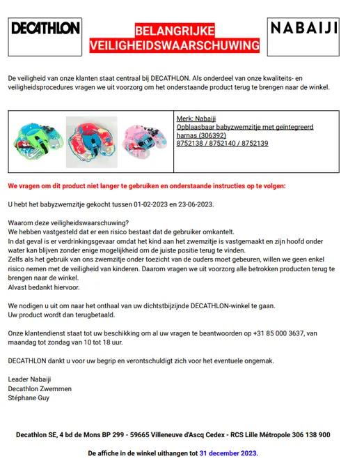 recall decathlon nabaiji babyzwemzitje