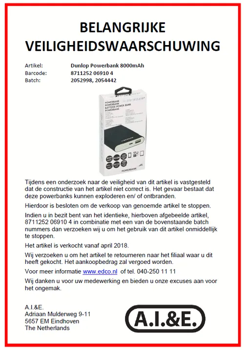 recall dunlop powerbank